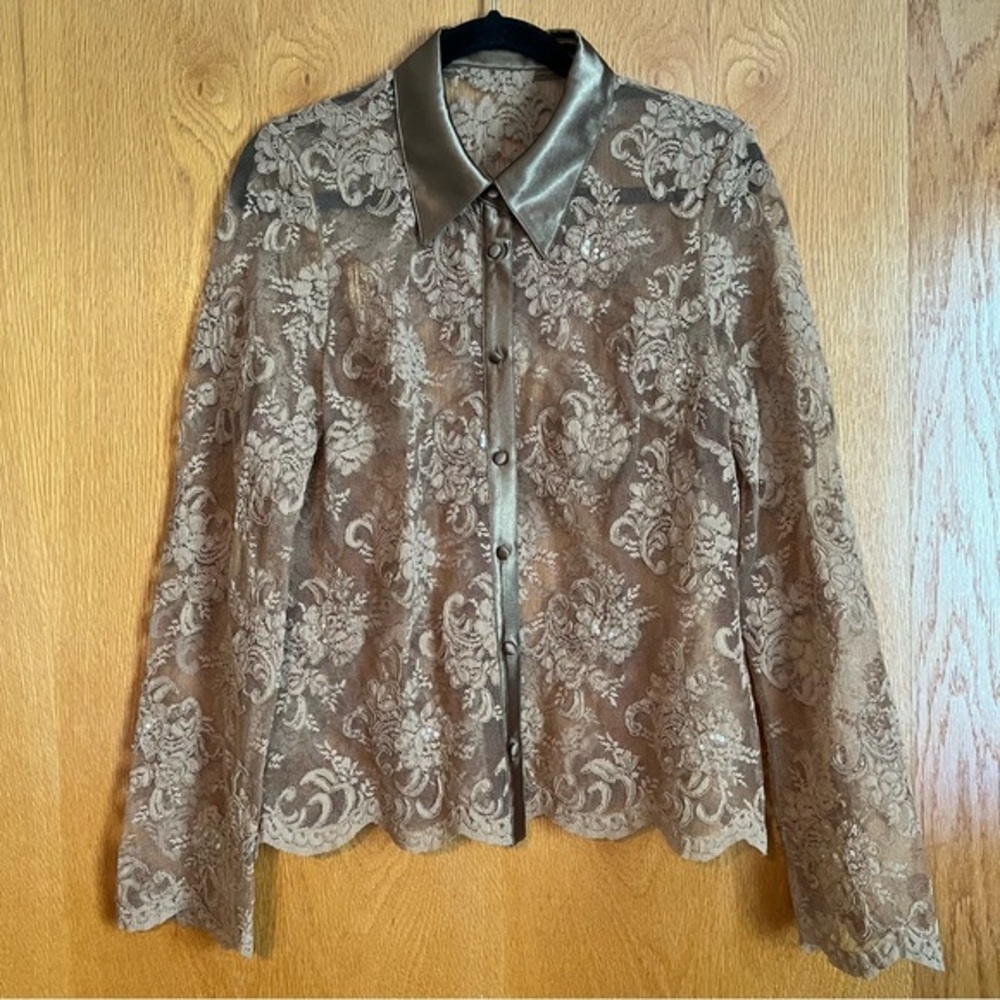 No brand taupe lace and sateen trim long sleeve shirt
